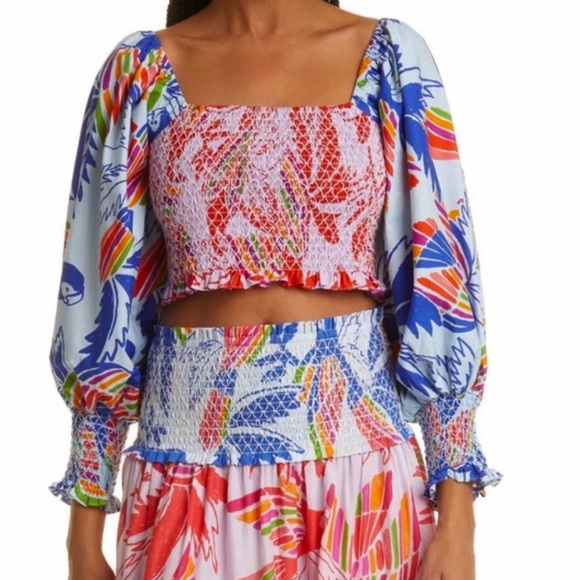 FARM Rio Mixed Print Smocked Cotton Crop Top S NWT - Picture 2 of 13